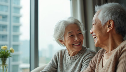 Happy senior Asian couple with grey hair laugh together inside home, looking at. Joyful elderly pair shares moment of connection near large window, representing loving retired lifestyle,