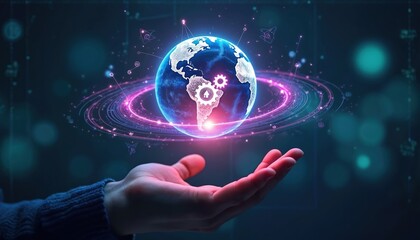 Hand holds digital globe with glowing rings data network connections around planet. Futuristic tech concept shows global system integration innovation and worldwide communication.