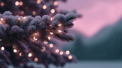 Snow-covered fir branch with warm glowing christmas lights against a blurred pink and blue winter landscape