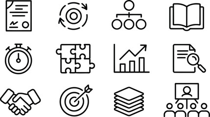 A grid of twelve outline icons depicting essential business operations and successful organizational strategies