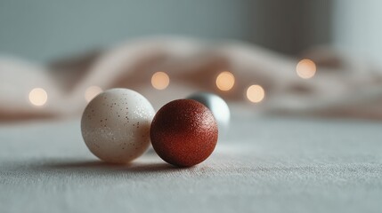 Festive christmas ornaments on a textured surface with soft bokeh lights