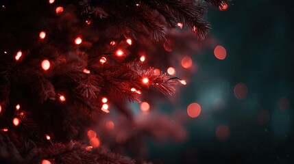 Red christmas lights illuminate pine branches with festive bokeh background