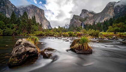 Yosemite Valley Landscape with Merced River and El Capitan in California USA