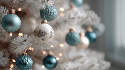 Close up of a christmas tree decorated with blue and white ornaments and warm lights