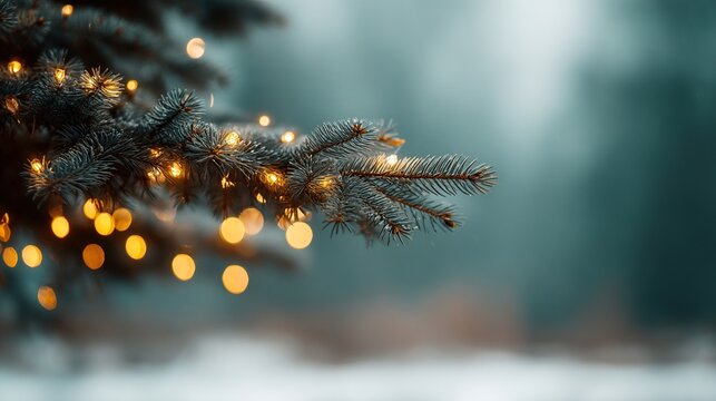 Christmas tree branch with glowing lights and a blurred winter background