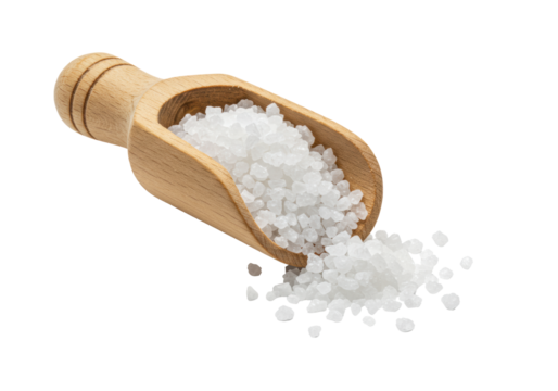 A hand-carved rustic wooden scoop with visible grain and matte finish, overflowing with sparkling brilliant white coarse sea salt crystals on a transparent background with copy space, concept of