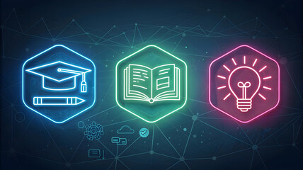 Three glowing neon hexagons with education and idea symbols on a dark digital network full hd 4k stock image download background