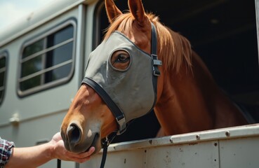 Close up of horse wearing mask entering trailer. Man feeds animal with hand. Equine is prepared for transport. Safety and care for animals is important. Safe travel for pet.