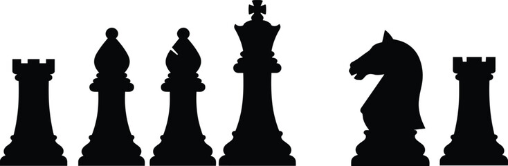 ector Silhouette Set of Classic Chess Pieces Including King, Bishop, Knight, and Rook, Symbolizing Strategy, Competition, Intelligence, and Business Tactics © LITON WORLD