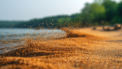 Golden sand grains dance in the air on a tranquil beach.