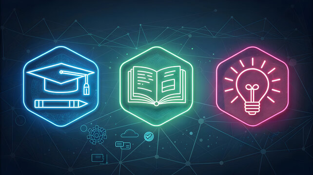 Three glowing neon hexagons with education and idea symbols on a dark digital network full hd 4k stock image download background