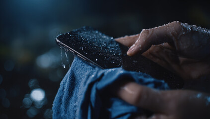 Cleaning a Wet Smartphone Screen with a Blue Cloth.
