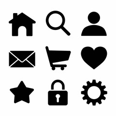 Set of nine black icons on including home, search, person, email, shopping cart, heart, star, lock, and gear