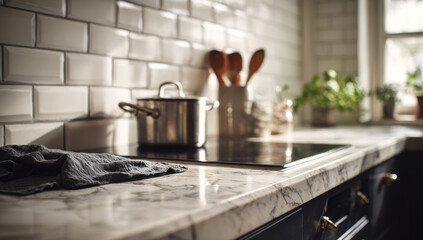 Modern Kitchen Countertop with Cooking Pot and Utensils.