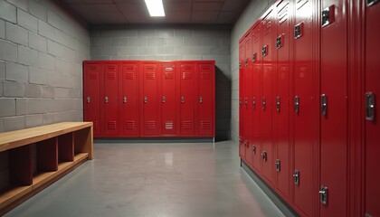 An empty high school locker room with red lockers and wooden bench. Interior sport changing space. Metallic storage compartments at school corridor. Nobody. Clean and modern gym area.