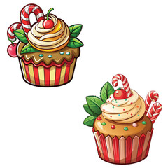Delicious vector illustration of a sweet pink birthday cupcake set with chocolate cream and a cherry