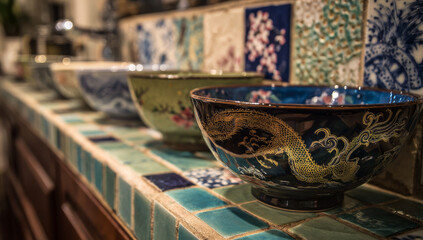Row of Decorative Bowls on Tiled Surface.