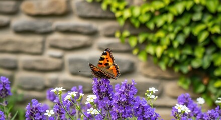 Butterfly on lavender flowers near a stone wall