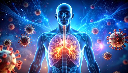 Luminous human figure with visible lungs amidst swirling blue energy and floating coronavirus cells, vibrant and ominous