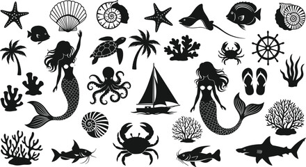 Mermaid and sea life vector silhouette collection, nautical and tropical elements with shells, fish, and sailing boat, ocean fantasy illustration set for design assets