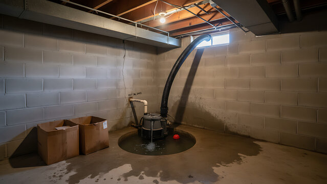 Sump pump in basement corner managing water accumulation 74672921 1