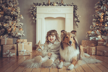H&uuml;bsches kleines M&auml;dchen mit Locken sitzt mit ihrem rough Collie  sable vor dem Weihnachtsbaum zu Weihnachten, Abendstimmung mit Lichtern Var. 8