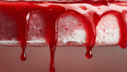 Red liquid dripping on a white surface close-up.