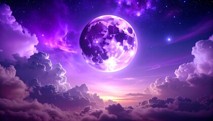 Luminous moon shines amidst dreamy, purple-hued clouds in a surreal, star-filled sky, creating a magical atmosphere