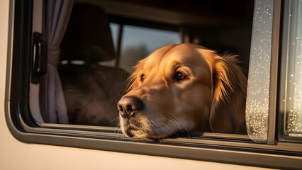 Golden Retriever Bliss A Sunny Road Trip Companion Gazing Out the Window on a Serene Adventure