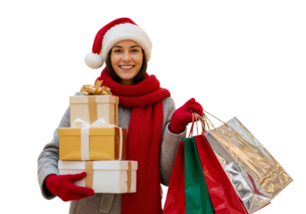 Joyful woman wearing a Santa hat holds wrapped gifts and shopping bags in a festive spirit during the holiday season