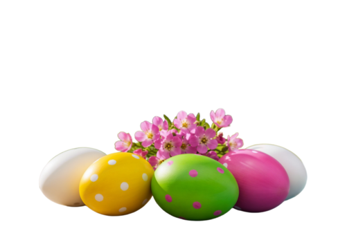 Colorful Easter eggs with flowers creating a festive spring decoration on a bright background