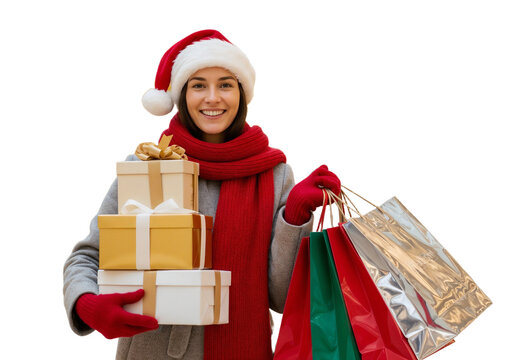 Joyful woman wearing a Santa hat holds wrapped gifts and shopping bags in a festive spirit during the holiday season