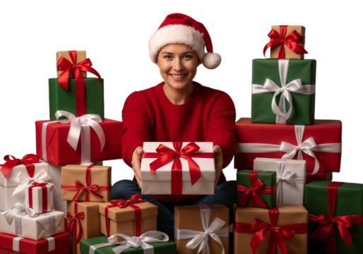 Smiling woman in a Santa hat holding a gift surrounded by colorful Christmas presents in festive setting