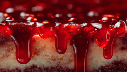 Close-up of a cake with dripping red glaze.