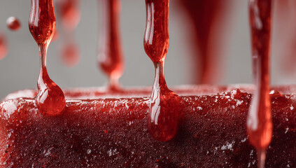 Close-up of Dripping Red Liquid on a Textured Surface.