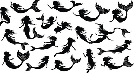 Mermaid silhouette vector collection set in various swimming, sitting, and floating poses, mystical female ocean creature graphic illustration bundle, fantasy asset