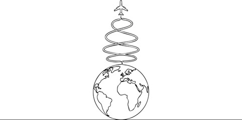 Continuous airplane flight path encircling the globe in a single line, representing global travel