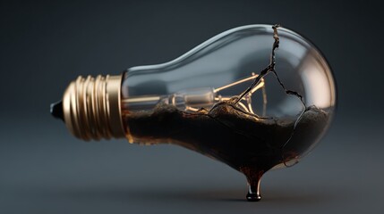 A broken light bulb with dark oil spilling, symbolizing energy crisis and environmental concerns