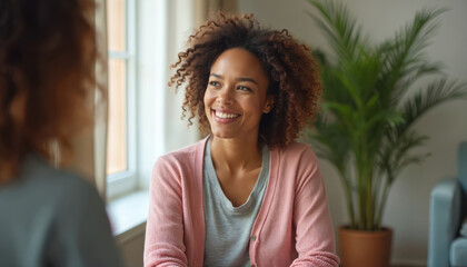 Smiling African American woman during therapy session. She listens to a client with empathy. Mental health professional offers support in office. Psychologist helping a patient