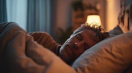 Warm and cozy scene of a middle-aged man sleeping comfortably in bed with soft lighting in a serene bedroom.