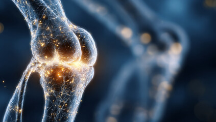 Digital rendering of a knee joint with glowing inflammation.