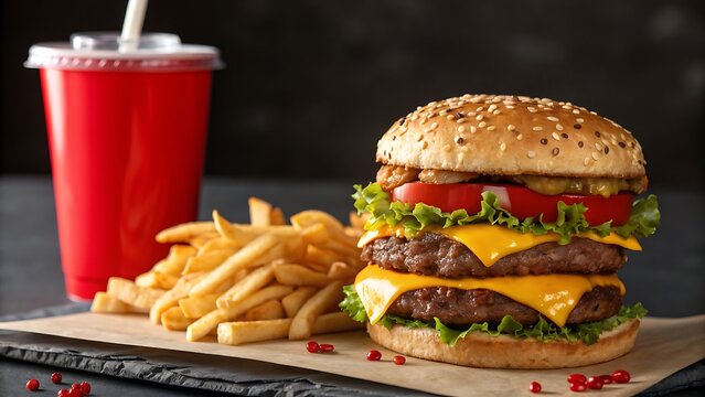 Delicious double cheeseburger with melted cheese, fresh lettuce, tomato, and pickles, served with golden french fries and a refreshing red soda drink, a classic fast food meal on a dark background