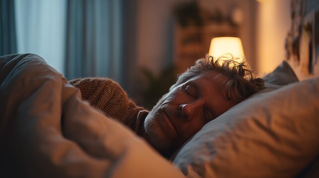 Warm and cozy scene of a middle-aged man sleeping comfortably in bed with soft lighting in a serene bedroom. - Powered by Adobe