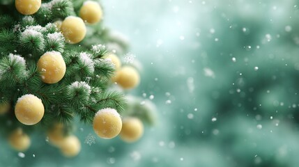 Snowy pine branch decorated with yellow christmas balls and falling snowflakes