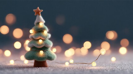 Festive miniature christmas tree with warm lights and bokeh background