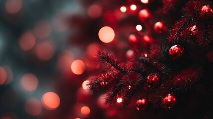 Festive christmas tree with red ornaments and bokeh lights