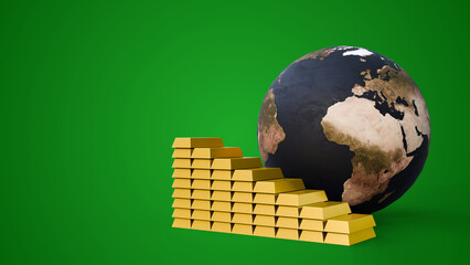 Earth globe with gold bars isolated on a green background. Concept of global investment business gold bar world finance economy on wealth market. Earth globe and gold bars with space for text.