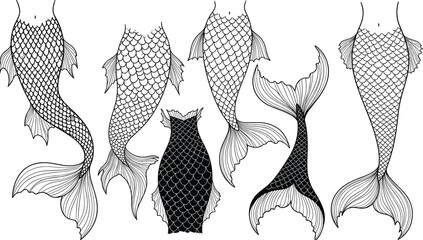 Mermaid tail vector collection with intricate scales and fins, fantasy fish body drawing outline art, mythical ocean creature silhouette illustration set, perfect for design assets © MD. NUR ISLAM
