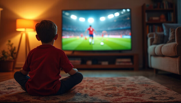 Little boy sits on floor watching football game on TV. Child enjoys sports match in living room. Kid watches soccer indoors at home during evening. Young fan sees players on screen. Absorbed in