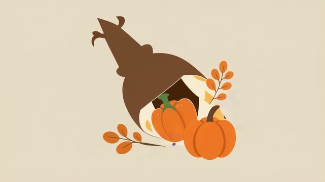 Simple Vector Illustration of a Cornucopia Overflowing with Autumn Pumpkins for Thanksgiving and Harvest